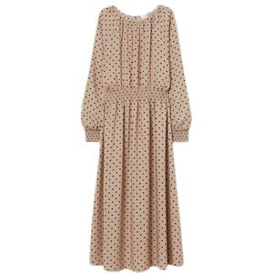Tan polka dot smocked flowy midi dress sleeved